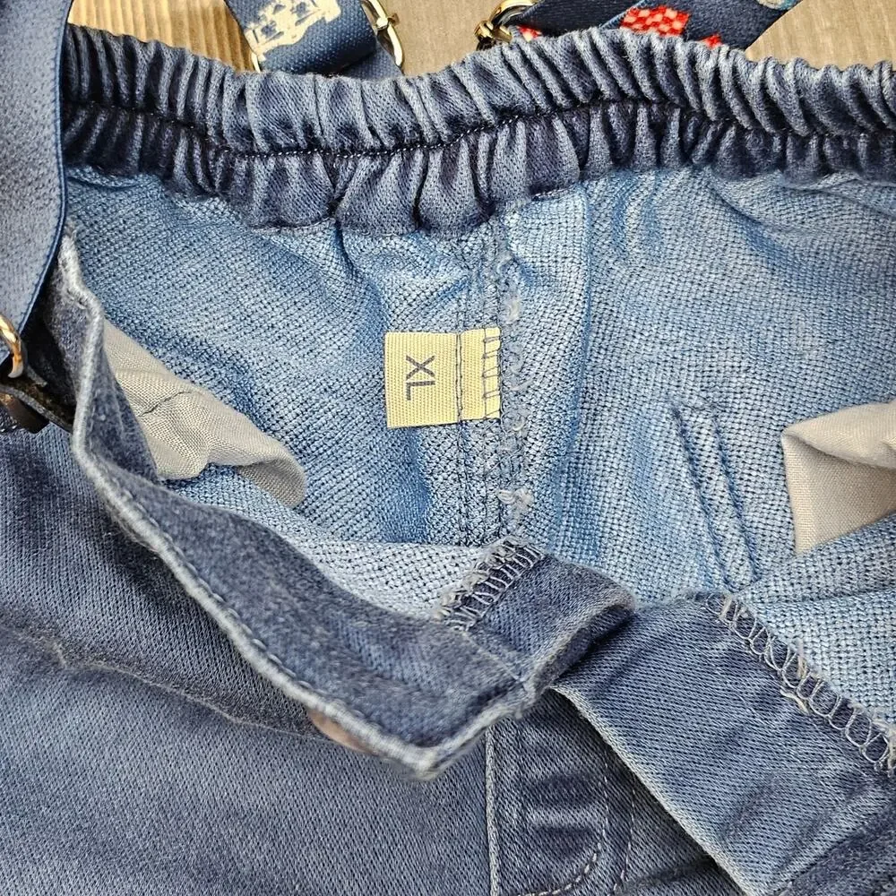 BABE BABY BLUE DENIM SUSPENDER SHORTS – TODDLER XL –  “WIN THE RACE” EMBROIDERED